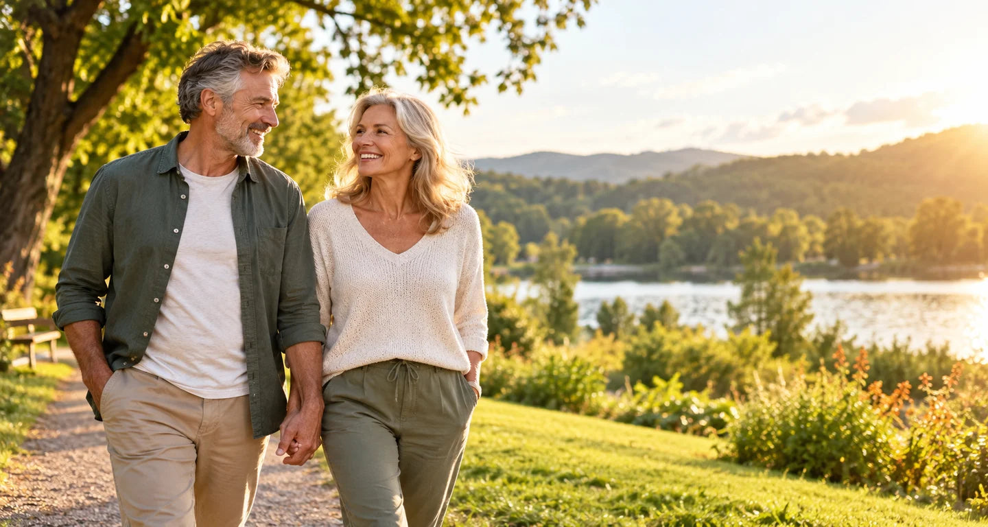 Illustrative mature couple enjoying a relaxed park walk