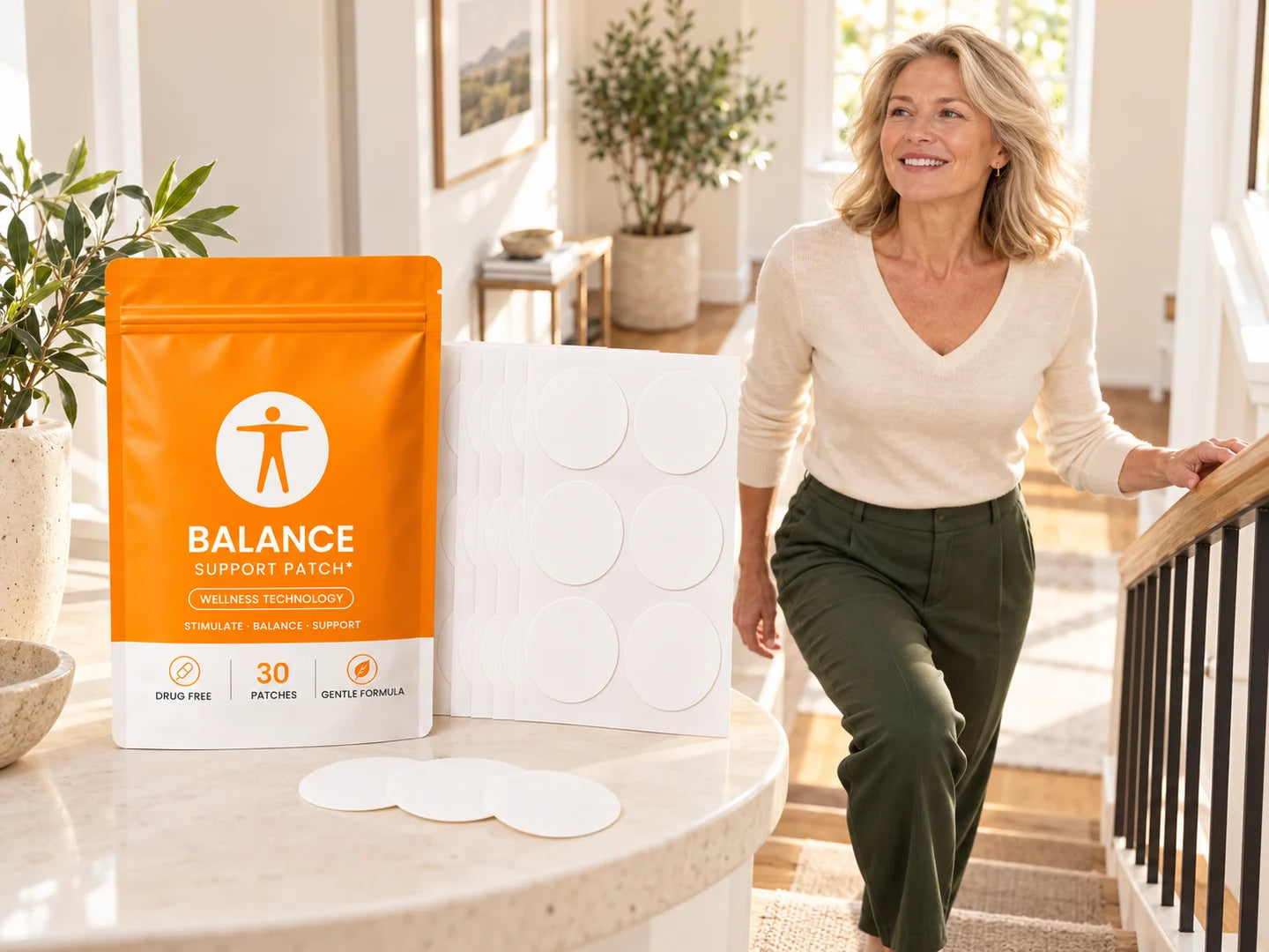 Balance Support Patch orange 30-patch pouch and white circular patch sheet beside an illustrative mature adult on home stairs