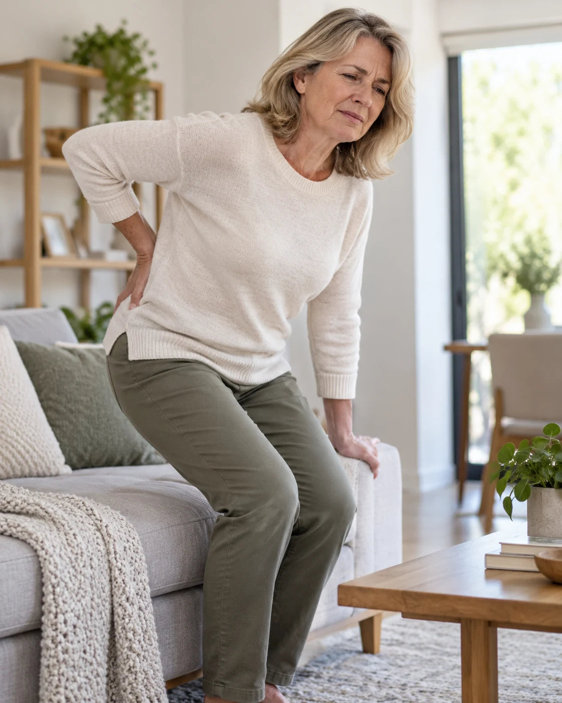 An adult woman getting up from a chair with her hand at her lower back
