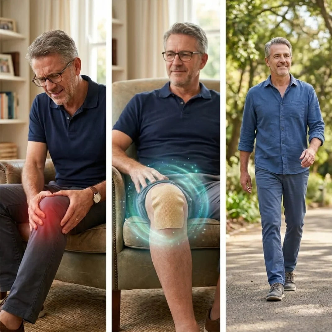 Three illustrative scenes of an adult, a knee patch and an outdoor walk