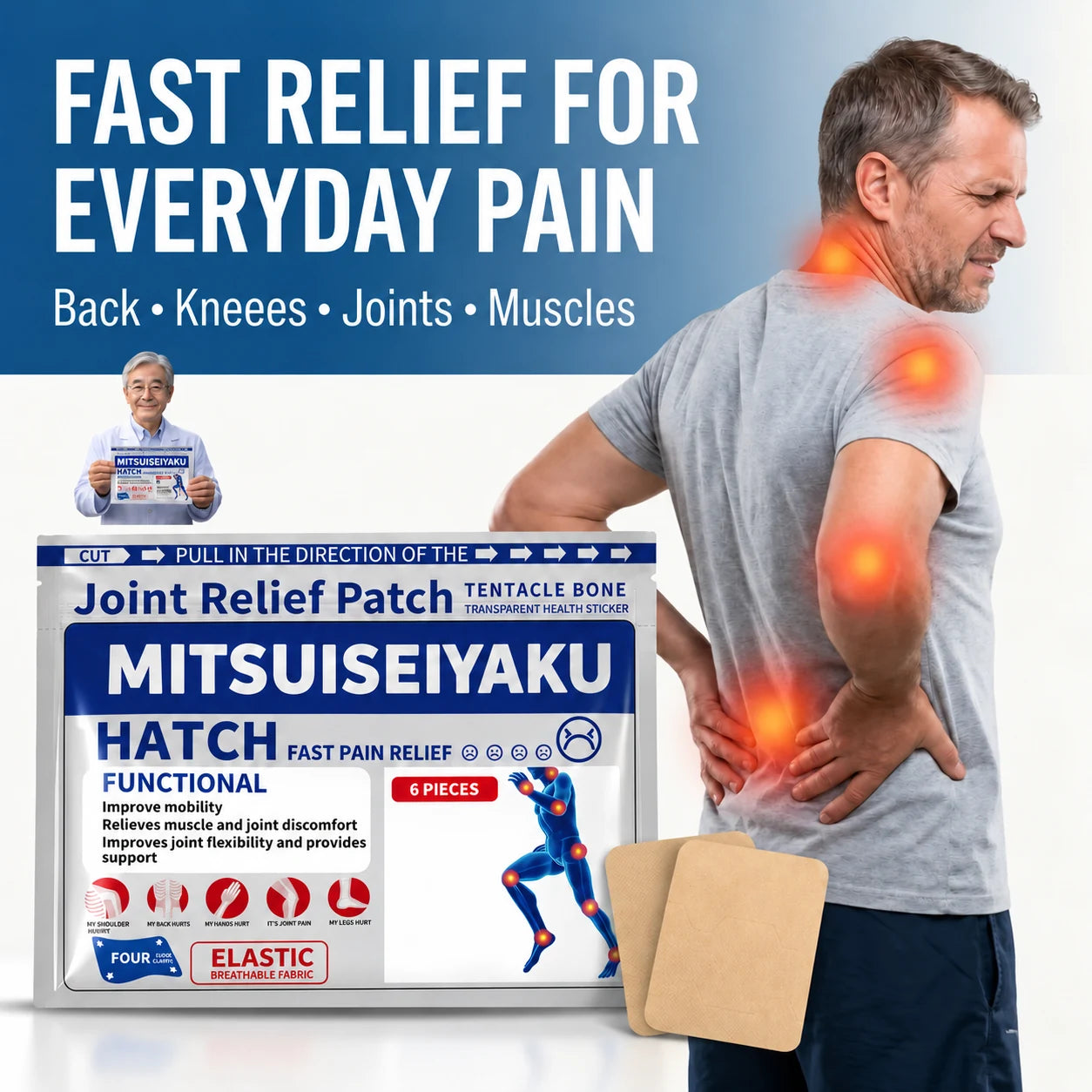 Joint Relief Patch packaging, two tan rectangular patches and an adult man