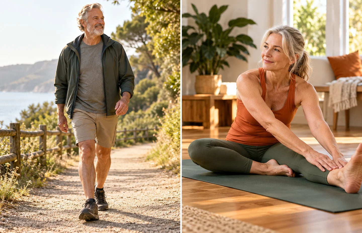 Two illustrative mature adults enjoying gentle movement and a comfortable recovery moment