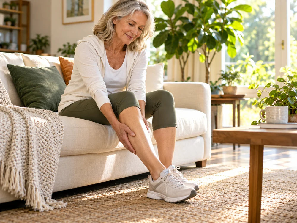 Illustrative mature adult relaxing after gentle exercise