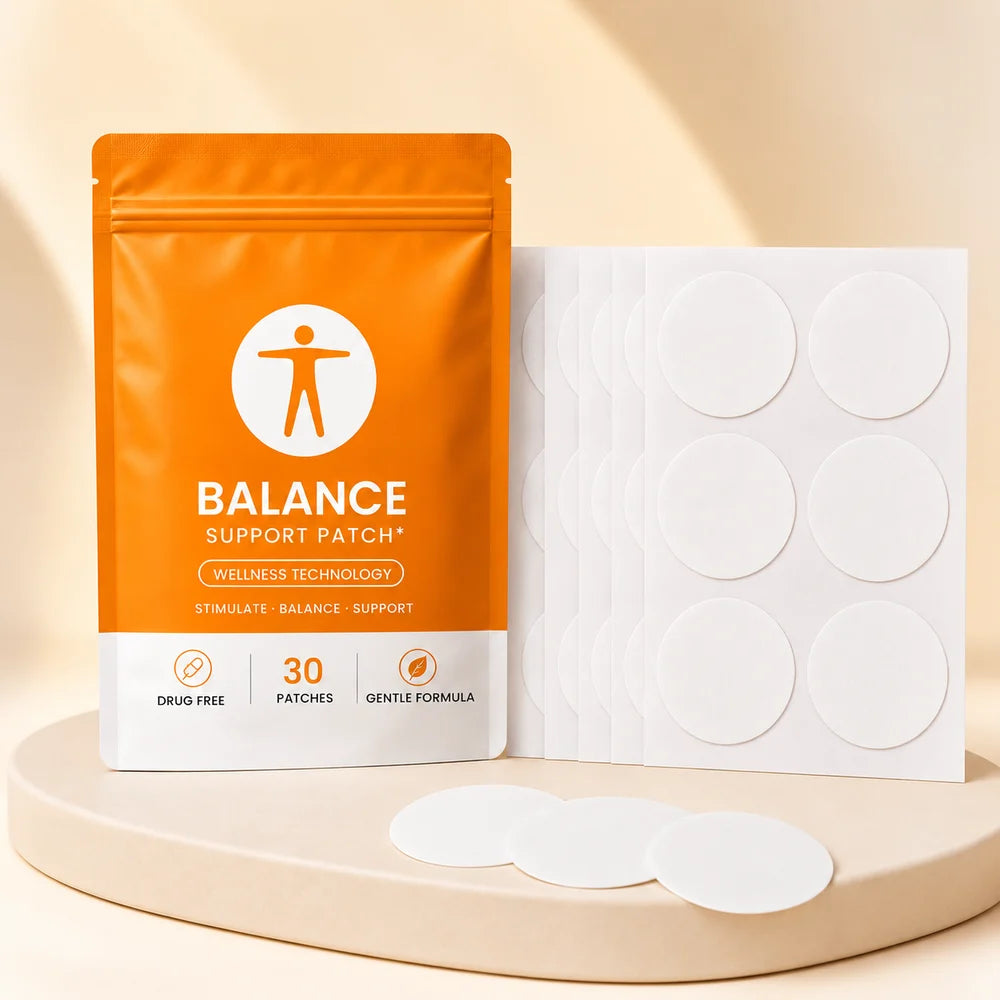 Actual-format bright orange Balance Support Patch 30-patch pouch with white flat circular patches and backing sheets