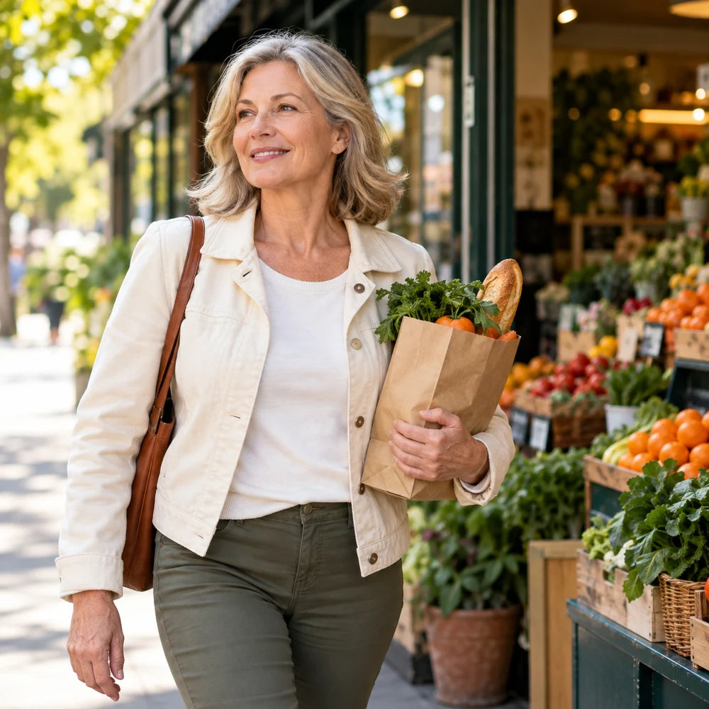 Illustrative mature adult Standing & Errands scene