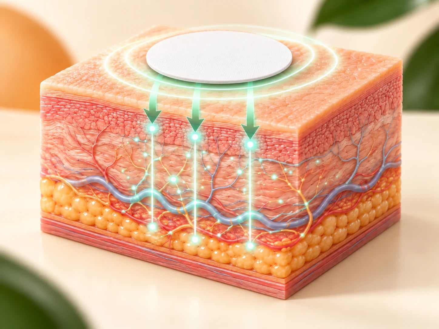 Illustrative three-dimensional view of a thin white circular patch resting on the skin surface