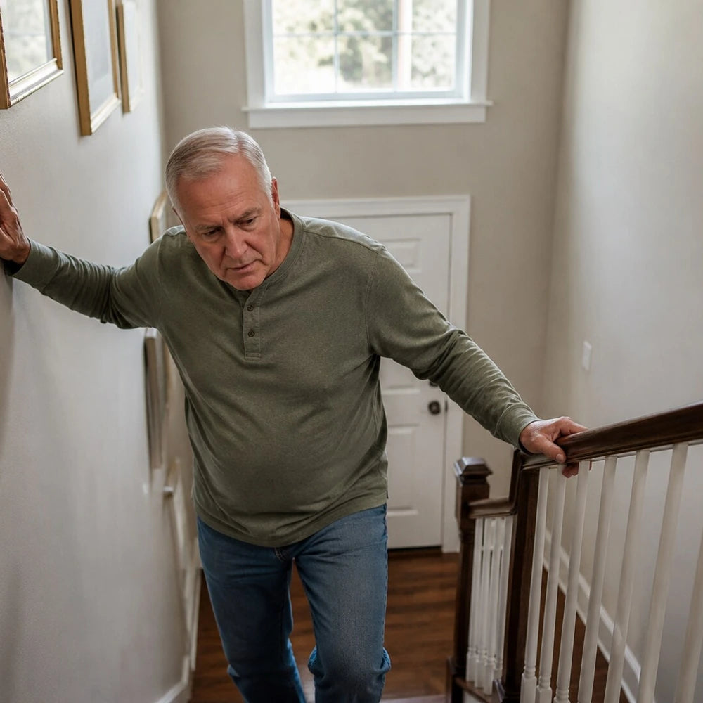 Illustrative lifestyle scene: A pause at the stairs