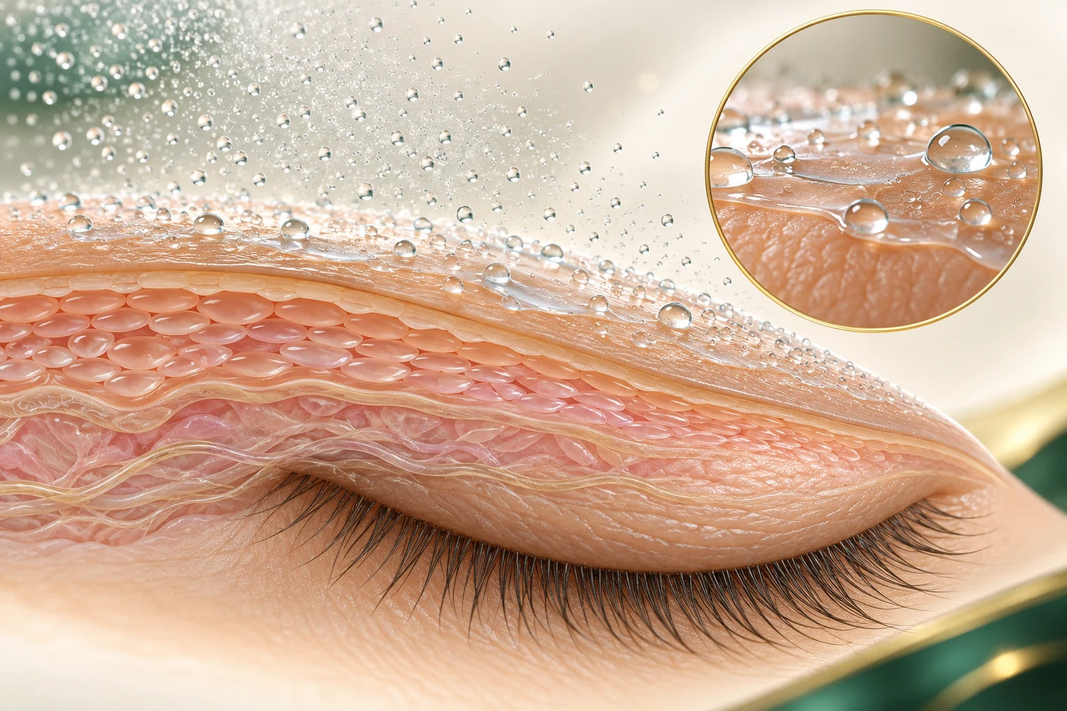 3D cross-section of a fully closed eyelid showing fine mist droplets resting on the outer skin surface