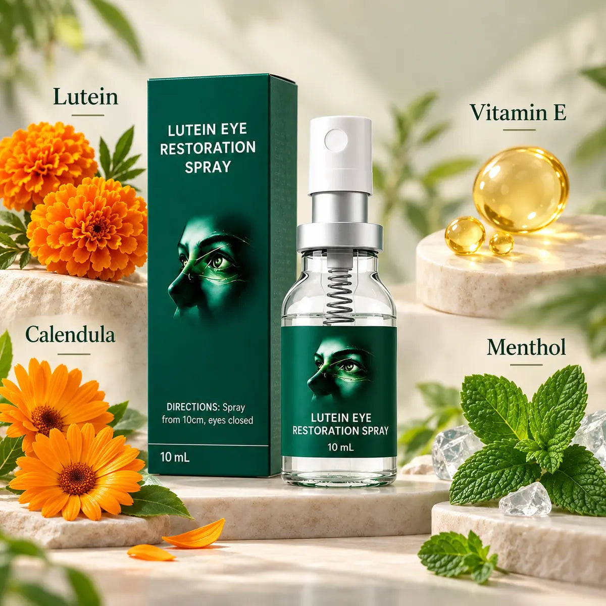 Eye-care mist bottle with visual references to lutein, calendula, vitamin E and menthol