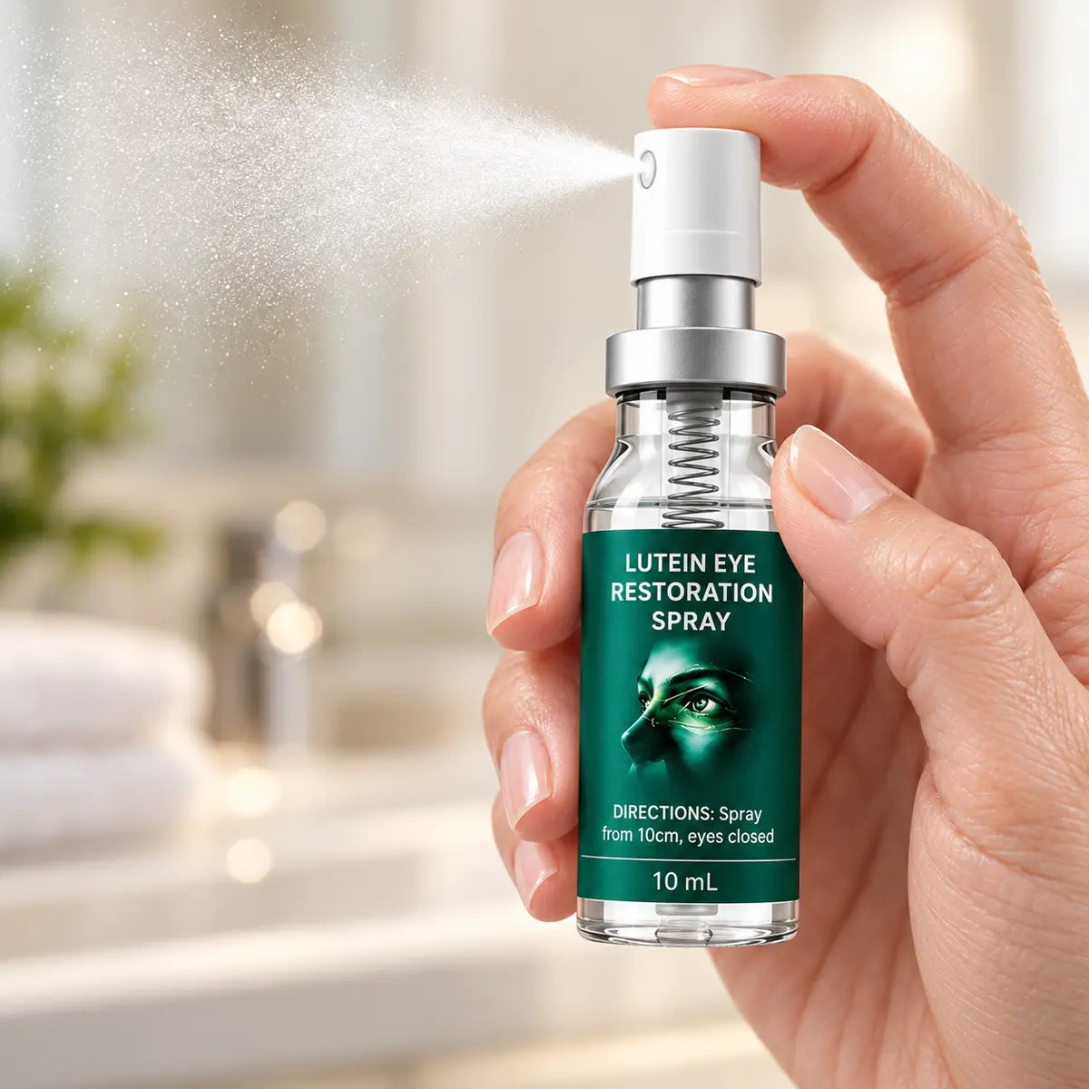 Close-up of the eye-care mist pump and fine spray nozzle