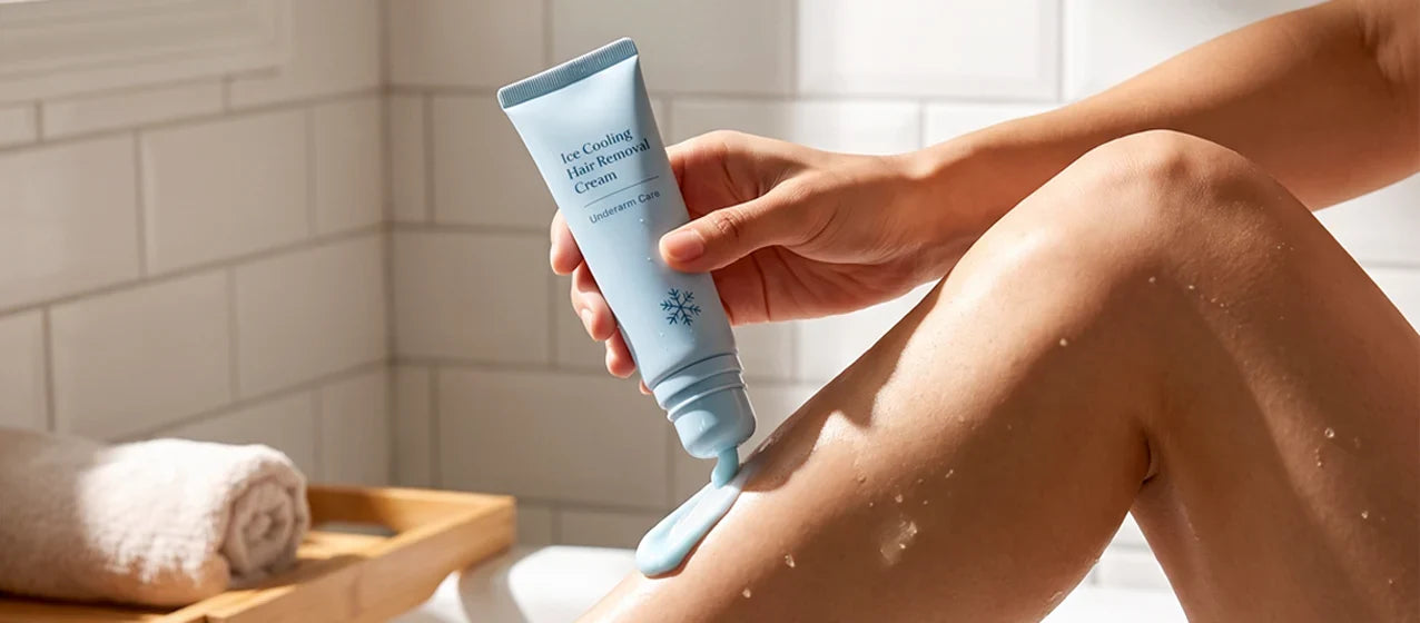 Blue cooling-style hair removal cream applied to a leg in a bathroom