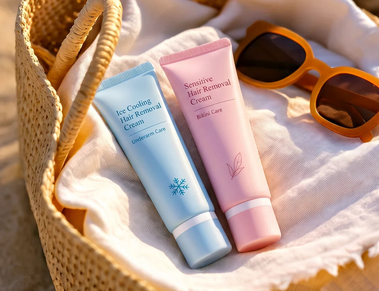 The original pink and blue hair removal cream tubes together beside travel essentials