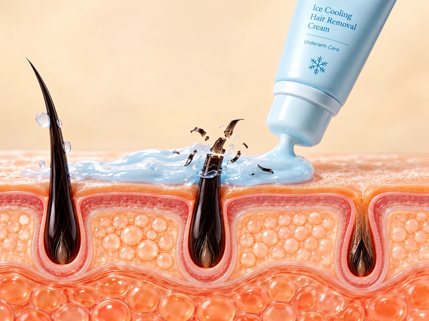 Concept illustration of cream softening an exposed hair shaft at the skin surface while the follicle remains intact