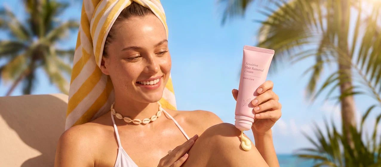 Pink hair removal cream tube in a sunny body-care lifestyle setting