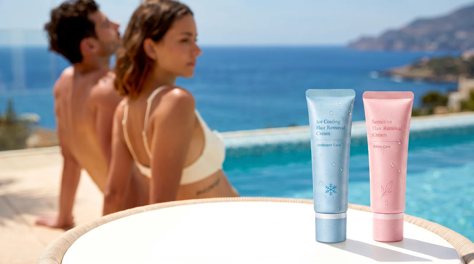The original pink and blue cream tubes in a relaxed poolside lifestyle setting