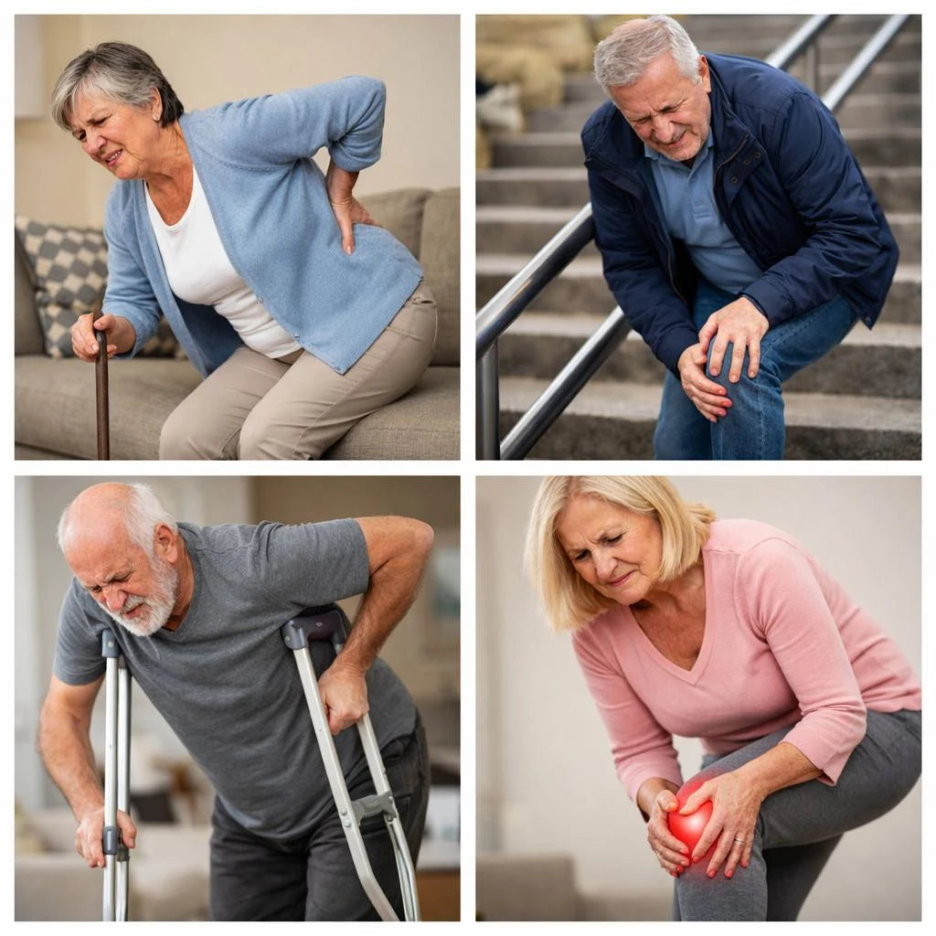 Illustrative scenes of adults with back and knee discomfort