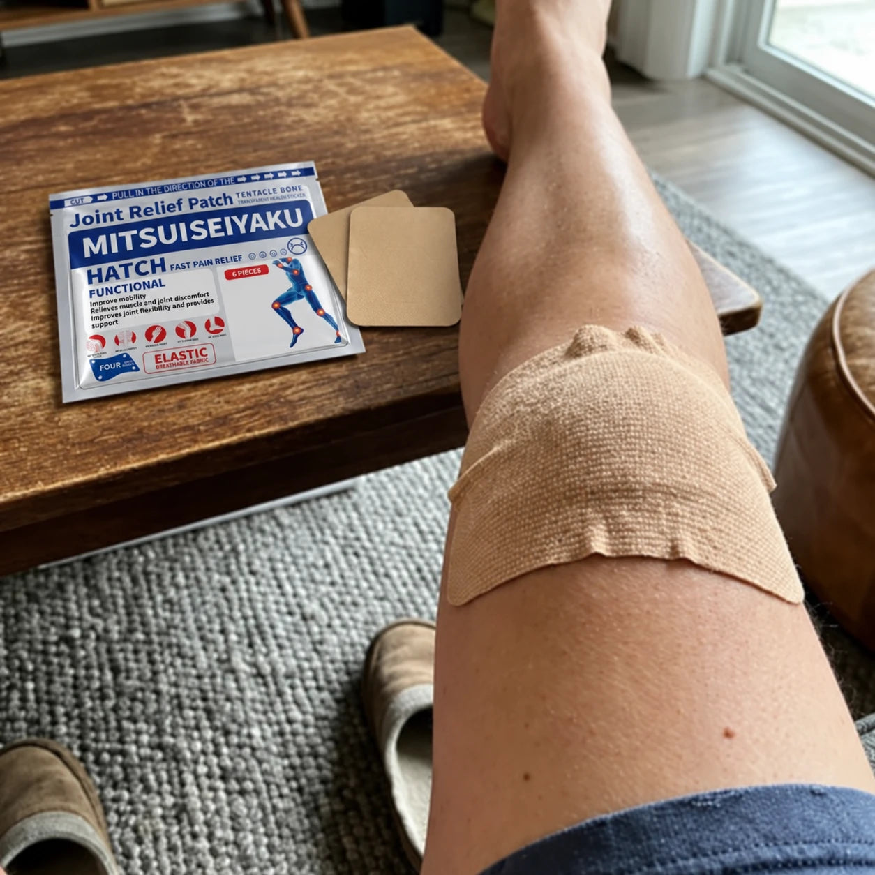 Supplied feedback photo showing a knee patch and Joint Relief Patch packaging