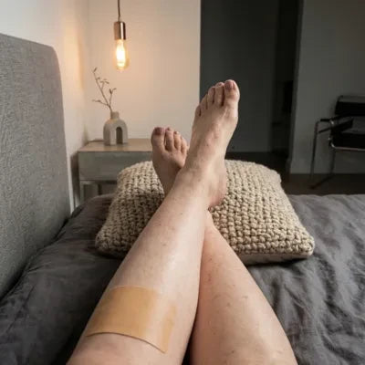 Supplied feedback photo showing a patch worn on the leg while resting at home