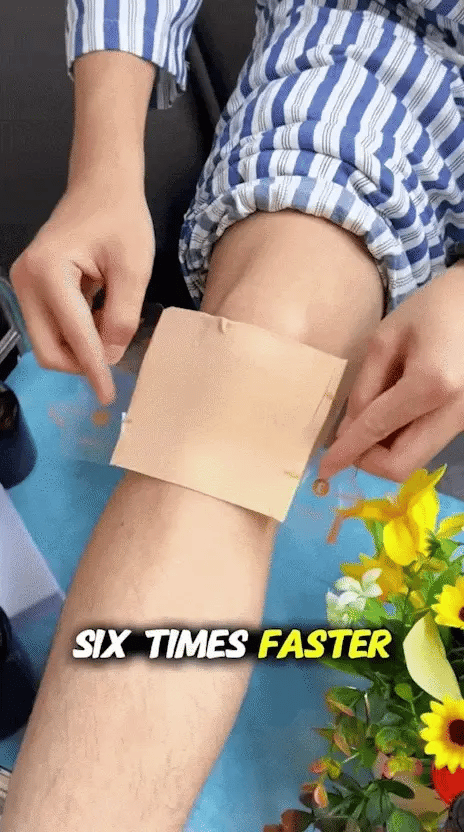 Supplied still close-up of an external patch applied around the knee