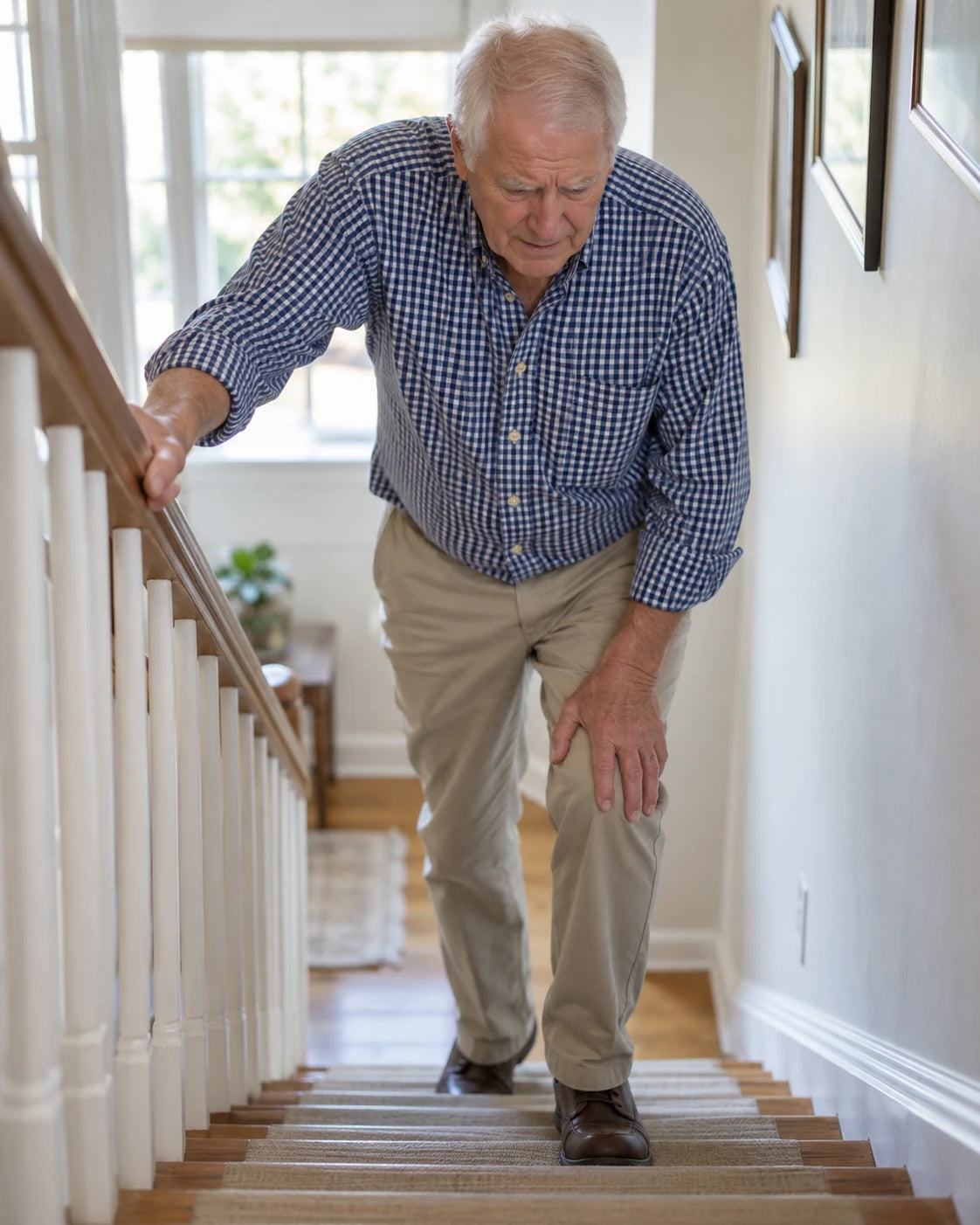 An older adult man pausing on a staircase with a hand on his knee