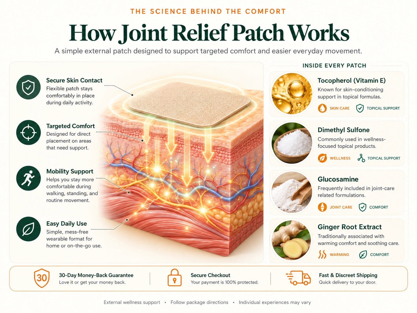Supplied 3D product concept diagram showing a patch, a skin cross-section and highlighted ingredients